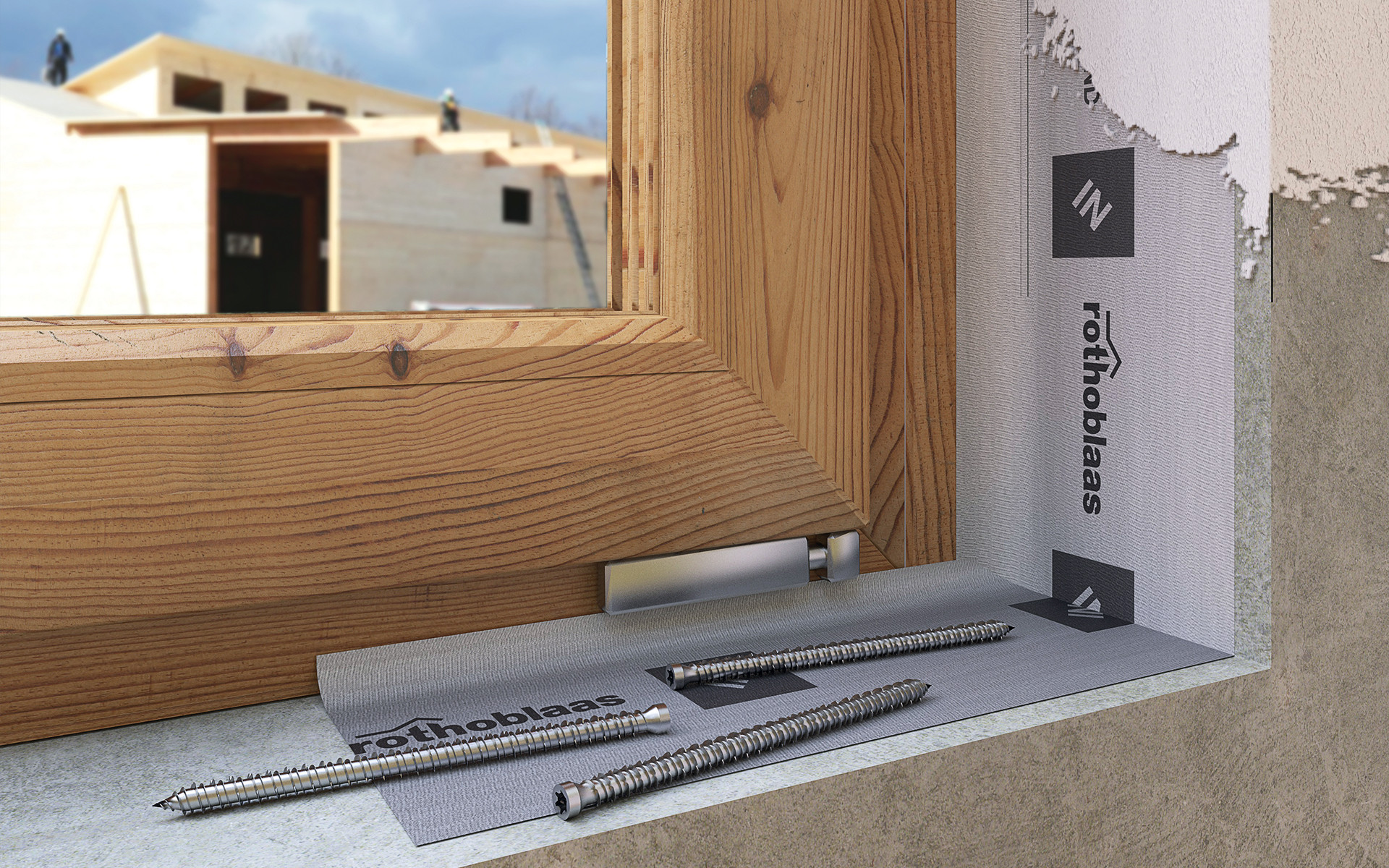 window frame installation with sealing tape and screws on construction site
