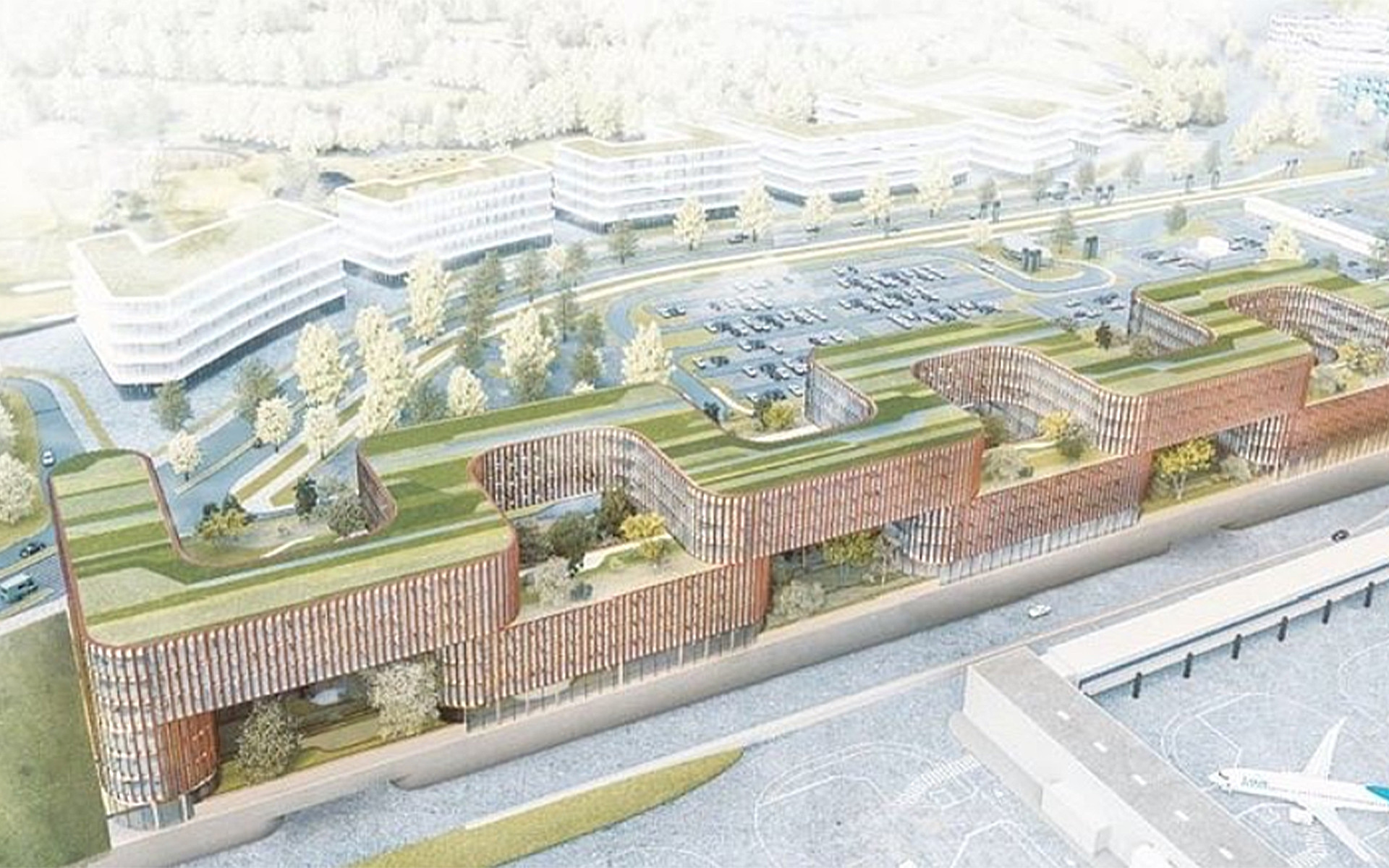 Skypark Business Center Luxembourg aerial rendering showing sustainable timber architecture and green roof design 